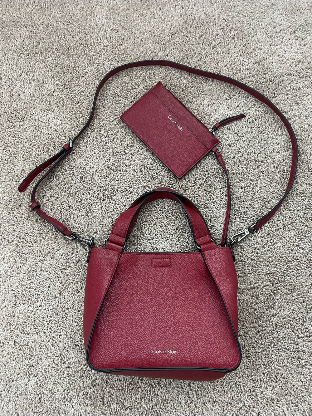 Calvin Klein maroon leather cross-body purse & matching wristlet NWOT